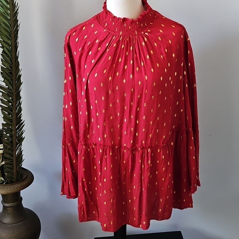 Cato Crimson Blouse with High Neck and Gold Details NWOT
